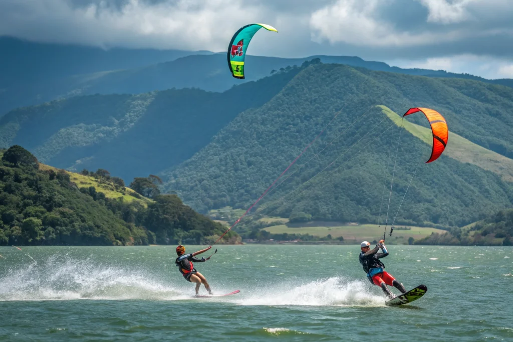 Pareja practicando kitesurf en el Lago Calima.