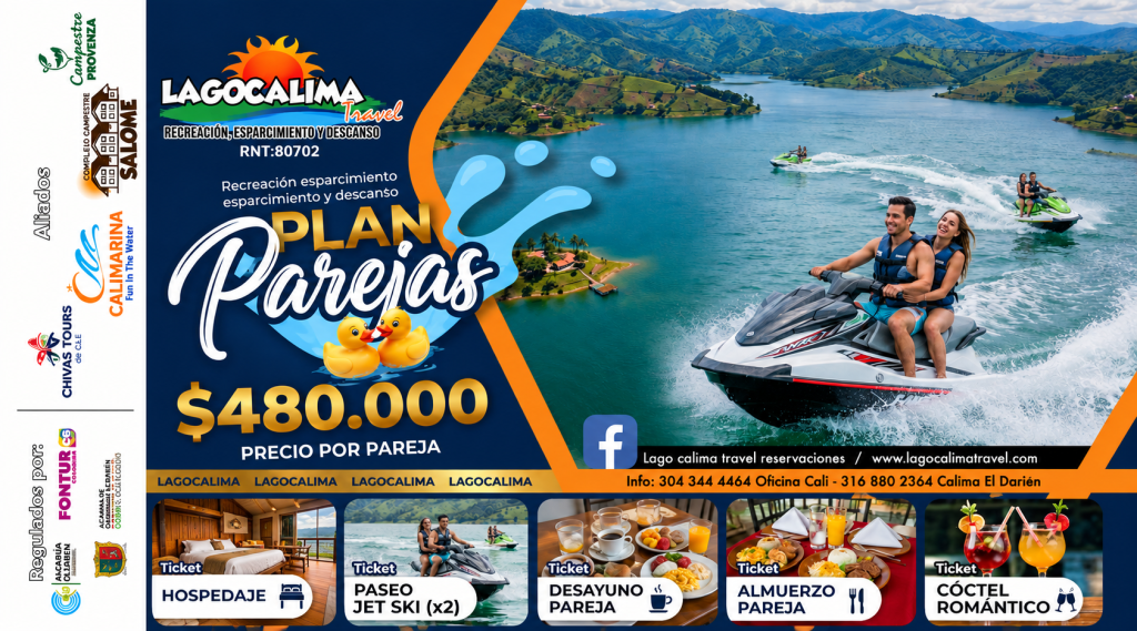 Plan Parejas: hospedaje, paseo en jet ski, desayuno, almuerzo y cóctel romántico en el Lago Calima, $480.000 por pareja.